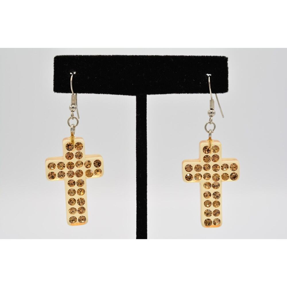 Statement Dangle Cross Earrings Rhinestone Crystal Citrine Lucite Shiny BinAE
